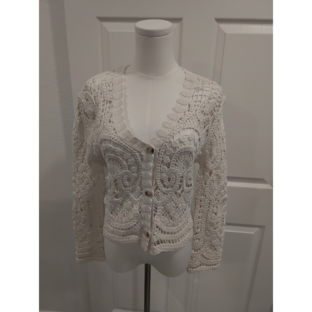 NWT COLLECTION BY ALEXANDRA Crochet Cardigan Cream V Neck Button Up‎ Cotton Knit